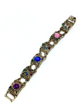 VINTAGE ORNATE PANEL Bracelet Colorful Cabochon Rhinestone Antiqued Gold Tone